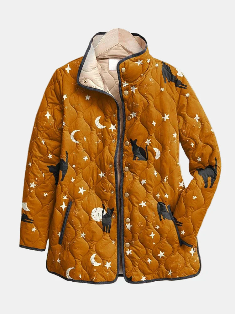 Eira - Casual Black Cat Halloween Print Quilted Jacket