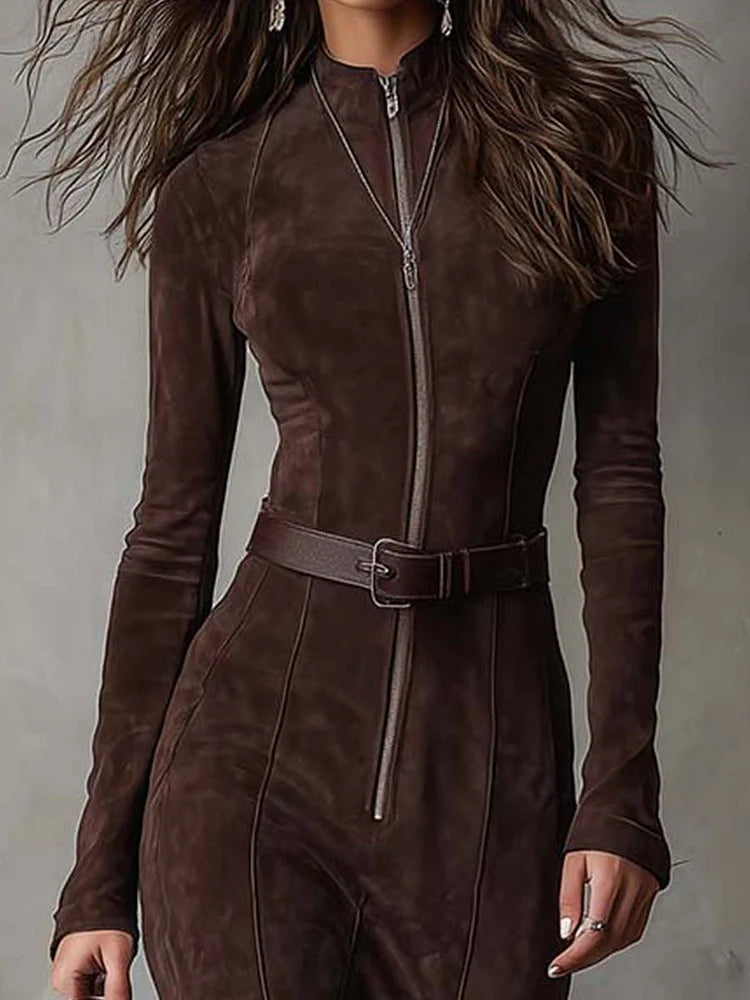 Julina - Chic Long Suede-Effect Dress