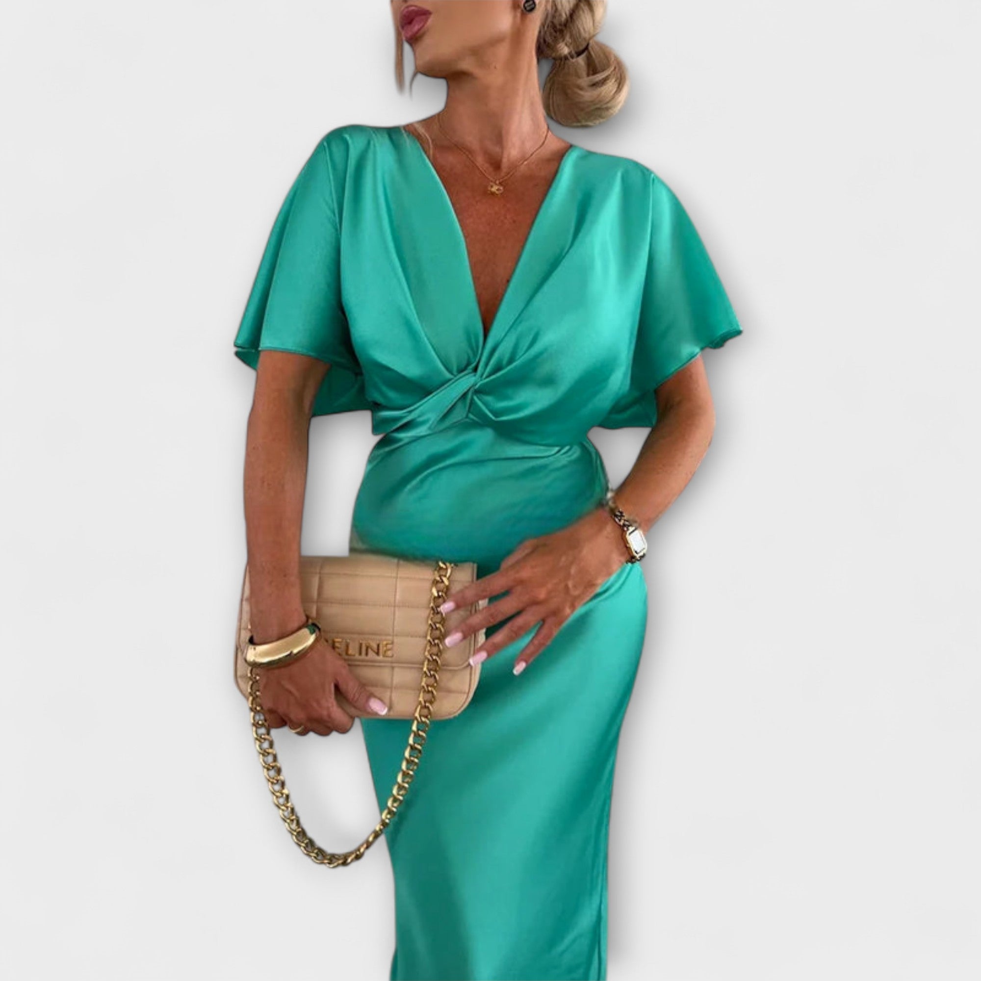Sable - Solid Satin V-Neck Cross Knot Slim Fit Maxi Dress